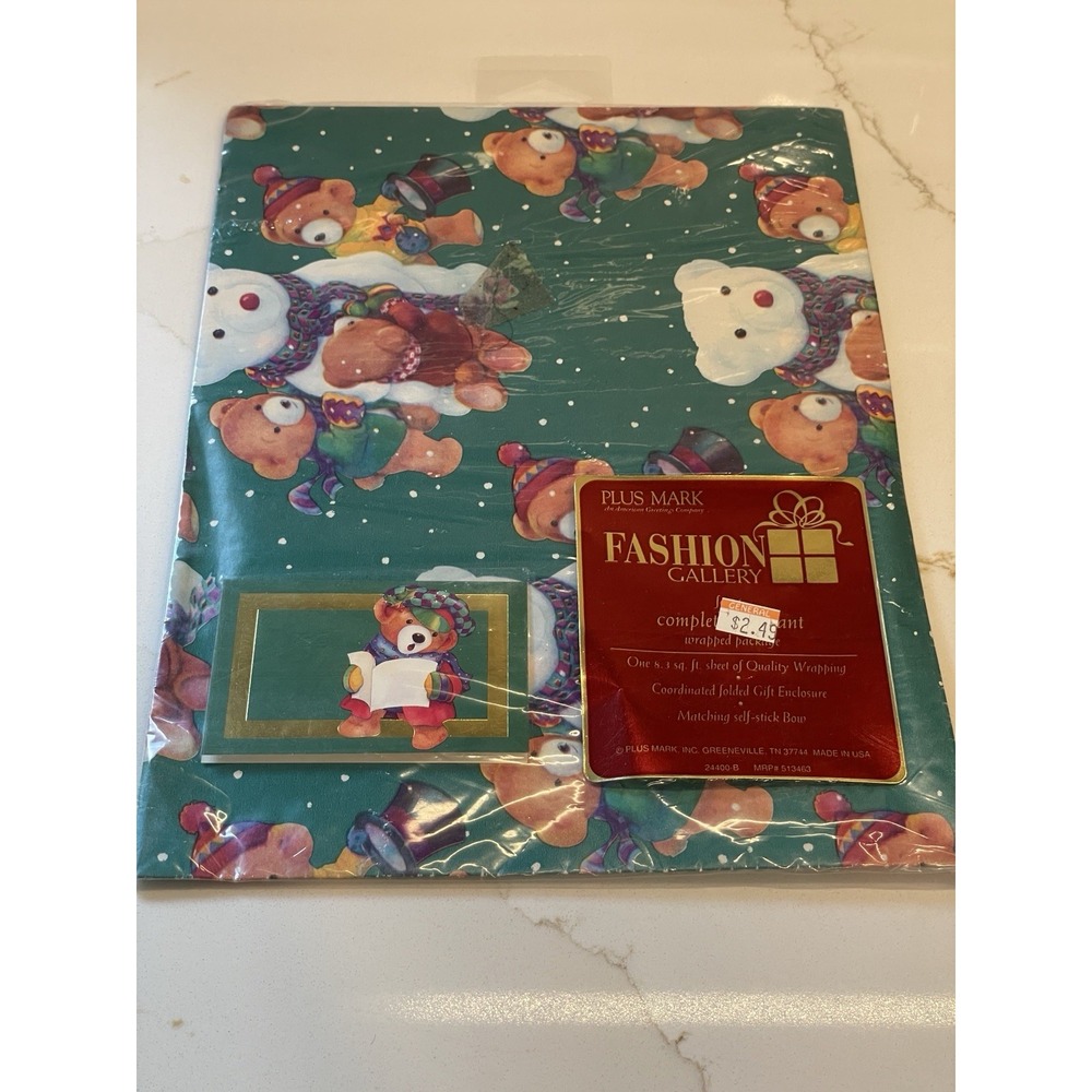 Vtg Christmas Holiday Wrapping Paper Teddy Bear Green Tag‎ 8.3 ft New NO BOW